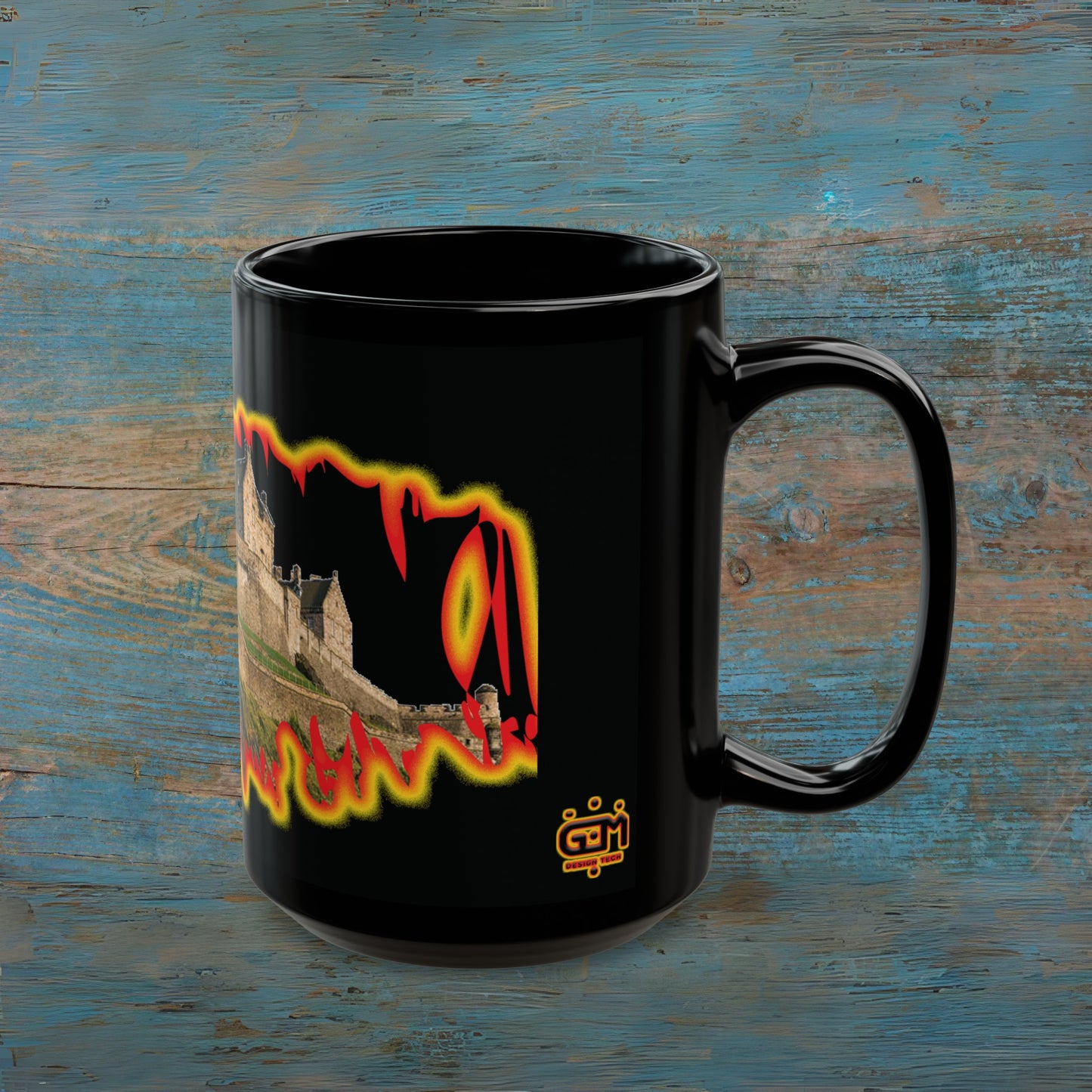 Edinburgh Castle Fire Effect Photo Mug, Black