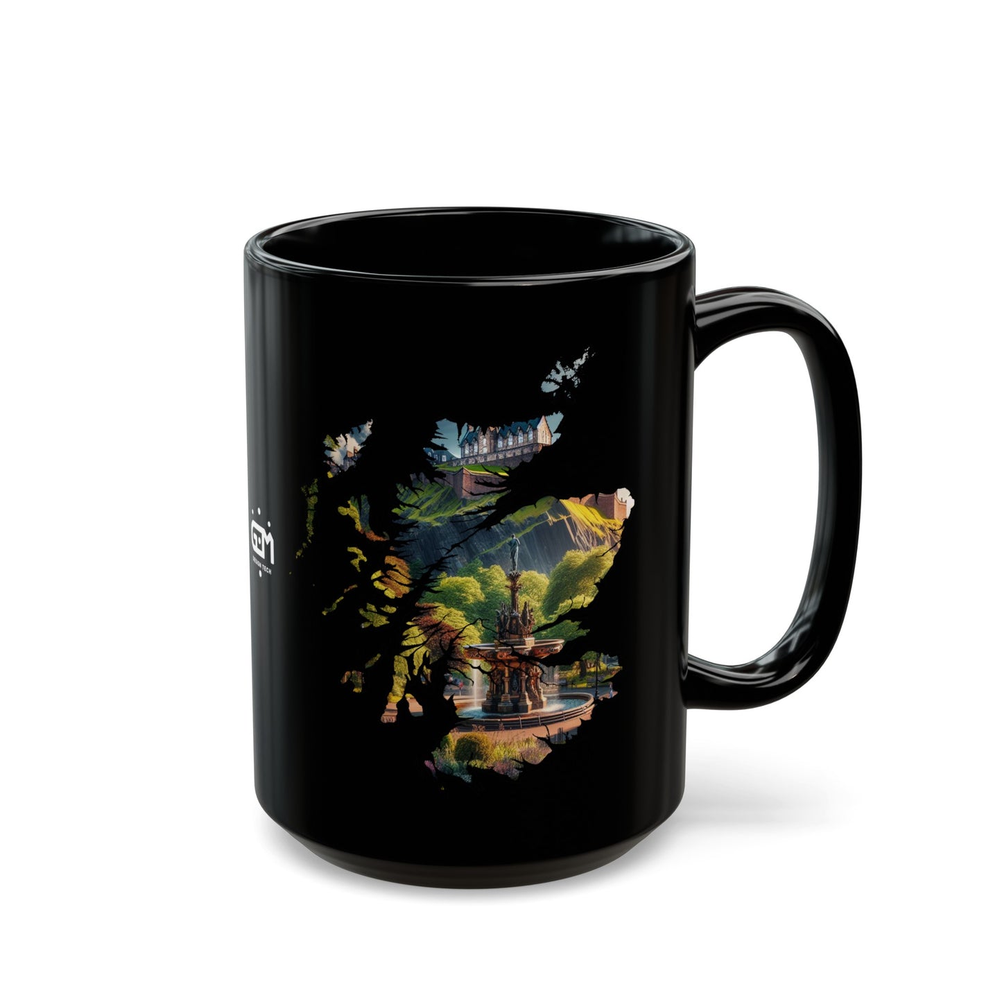 Edinburgh Castle with Fountain Scotland Map Mug, Coffee Cup, Tea Cup, Scottish Art, Scottish Nature, Scottish Landmarks, Black