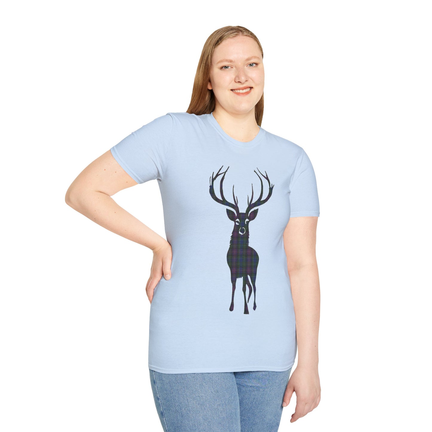 Tartan Stag Softstyle T-Shirt - Rankin Tartan, Unisex Tee, Scottish Scenery, Various Colours