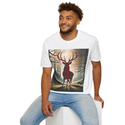 Stag Tartan Silhouette Softstyle T-Shirt - Stewart Royal Tartan, Unisex Tee, Scottish Scenery, Various Colours