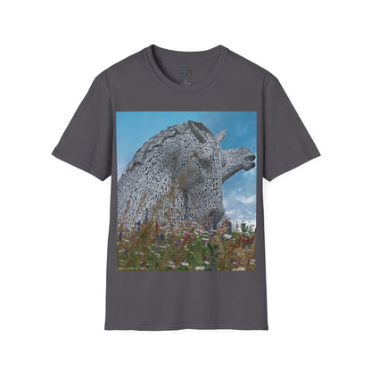 Kelpies with Meadow Photo Softstyle T-Shirt, Unisex Tee, Scottish Landmarks, Various Colours