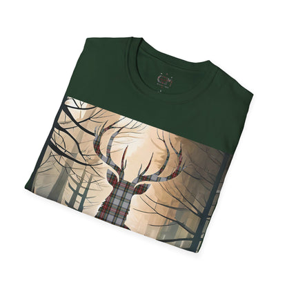 Stag Tartan Silhouette Softstyle T-Shirt - Stewart Dress Tartan, Unisex Tee, Scottish Scenery, Various Colours