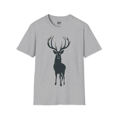 Tartan Stag Softstyle T-Shirt - Gordon Tartan, Unisex Tee, Scottish Scenery, Various Colours