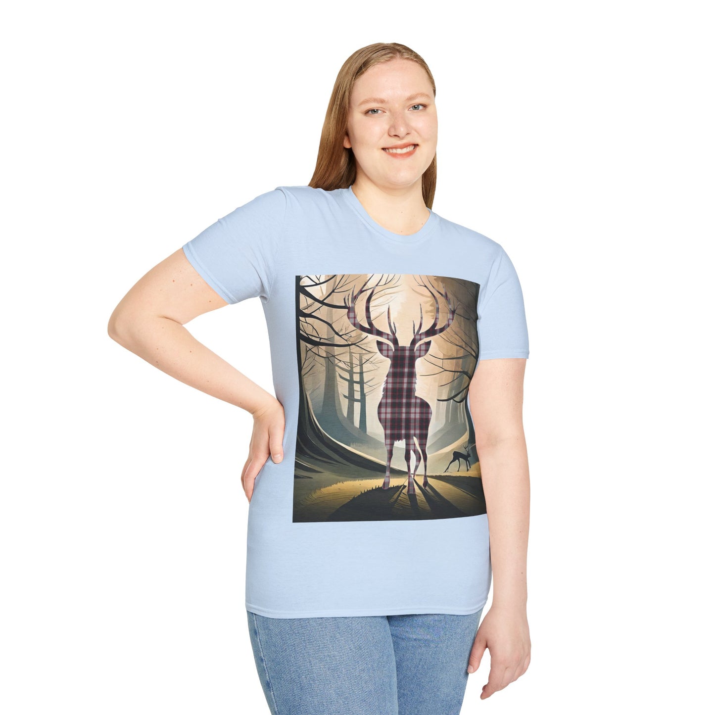 Stag Tartan Silhouette Softstyle T-Shirt - MacPherson Tartan, Unisex Tee, Scottish Scenery, Various Colours