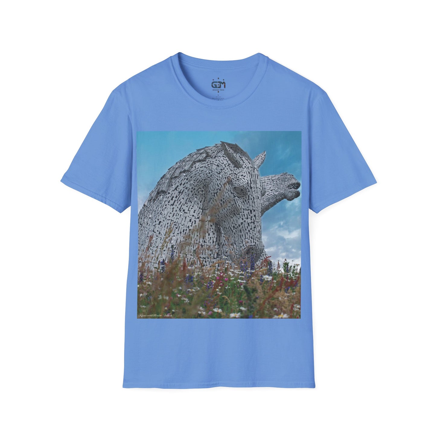 Kelpies with Meadow Photo Softstyle T-Shirt, Unisex Tee, Scottish Landmarks, Various Colours