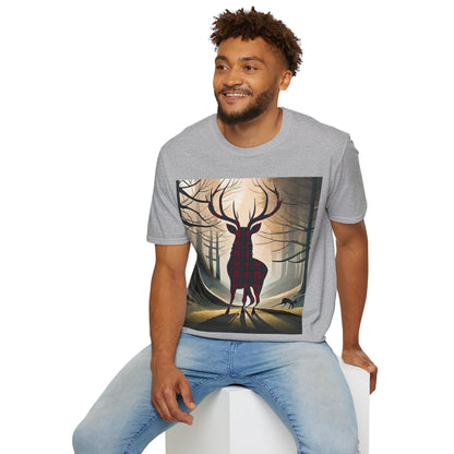 Stag Tartan Silhouette Softstyle T-Shirt - Lindsay Tartan, Unisex Tee, Scottish Scenery, Various Colours