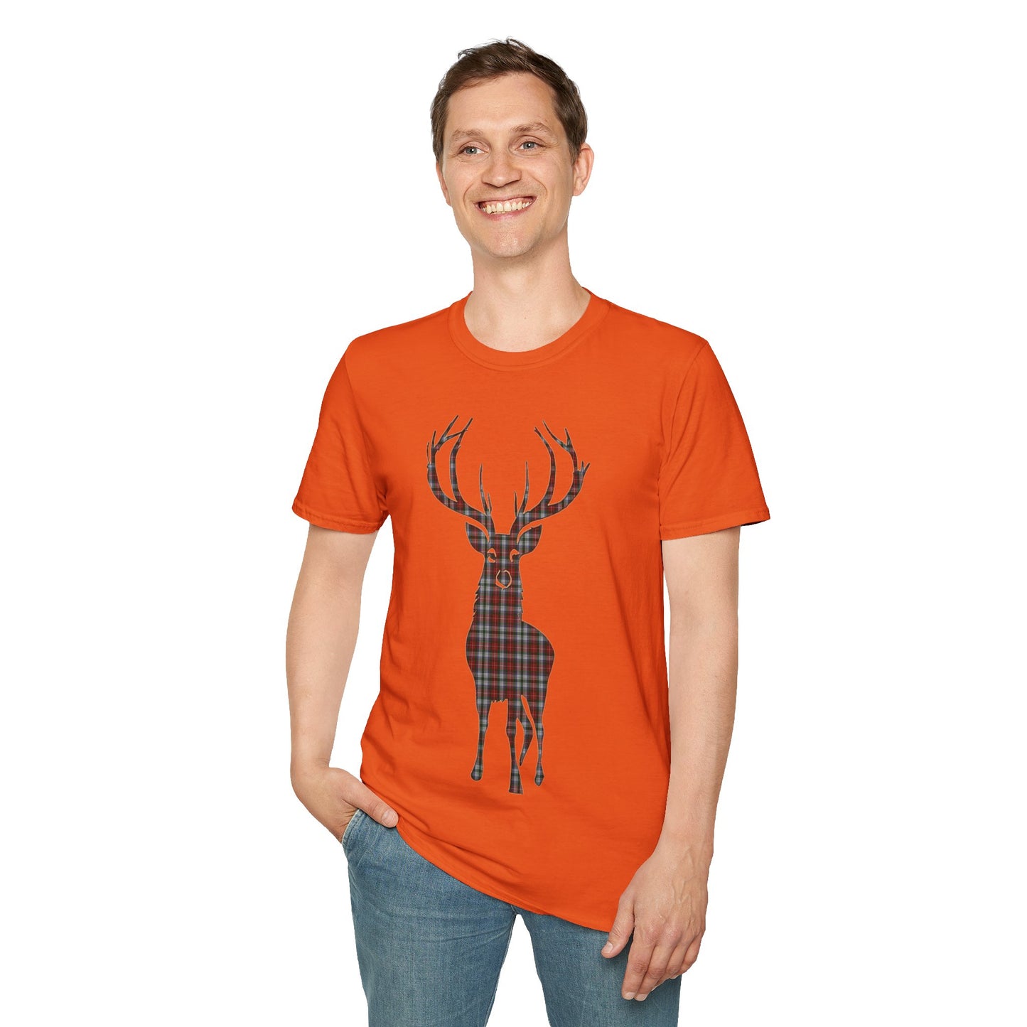 Tartan Stag Softstyle T-Shirt - Stewart Tartan, Unisex Tee, Scottish Scenery, Various Colours