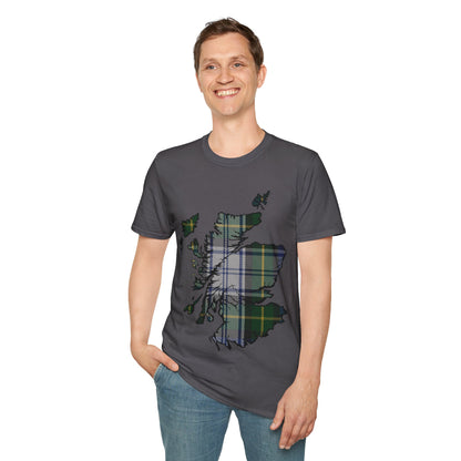 Scotland Tartan Map Softstyle Unisex T-Shirt, Gordon Dress Tartan, Various Colours