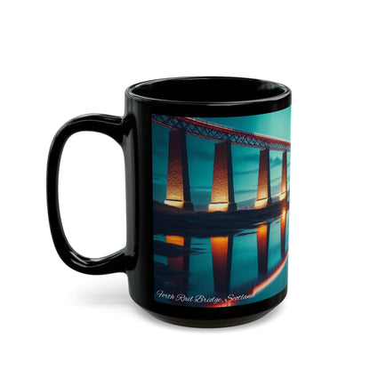 Forth Rail Bridge Northern Lights Mug, Tasse à café, Tasse à thé, Art écossais, Monuments écossais, Nature écossaise, Noir