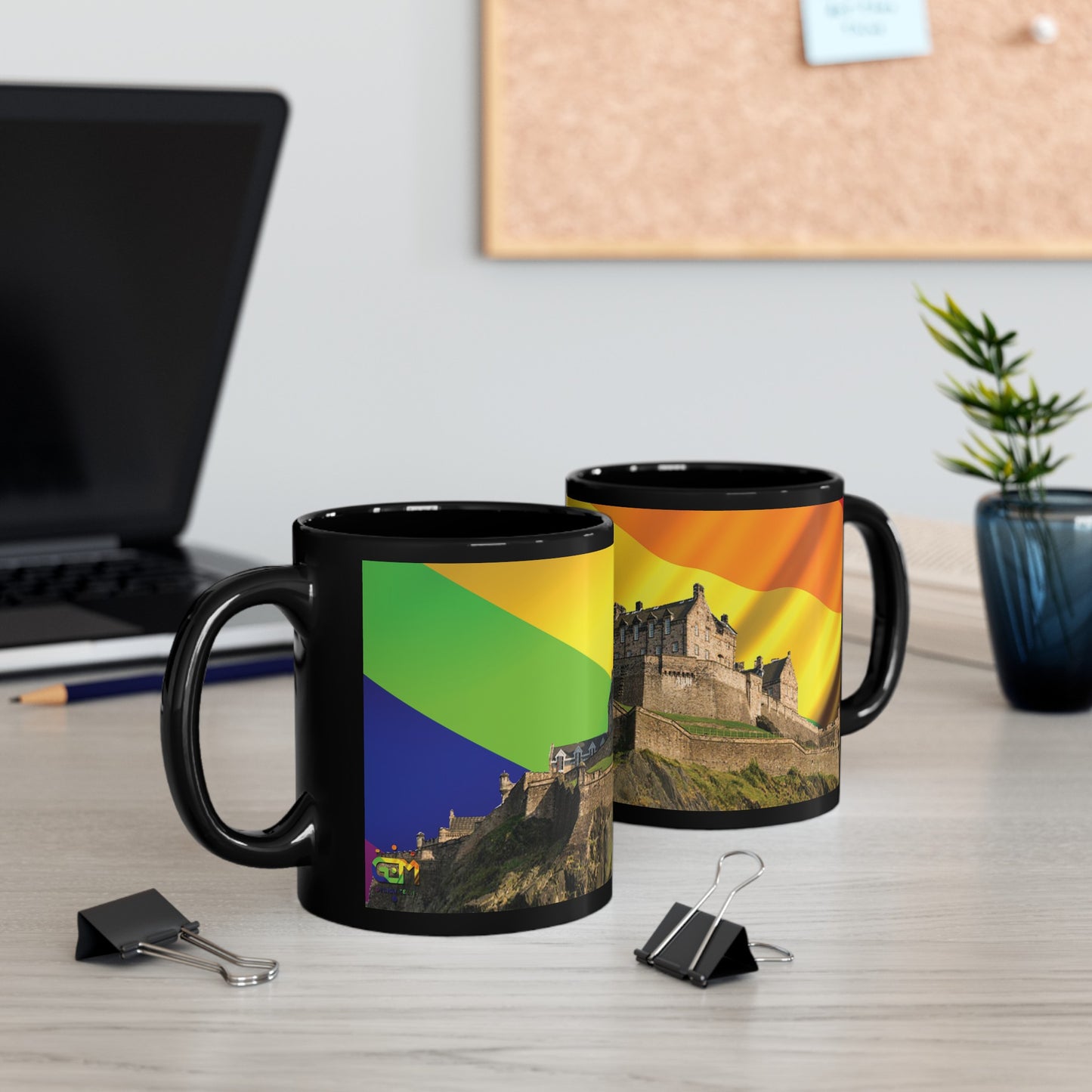 Edinburgh Castle Pride Flag Sky Photo Mug, Black