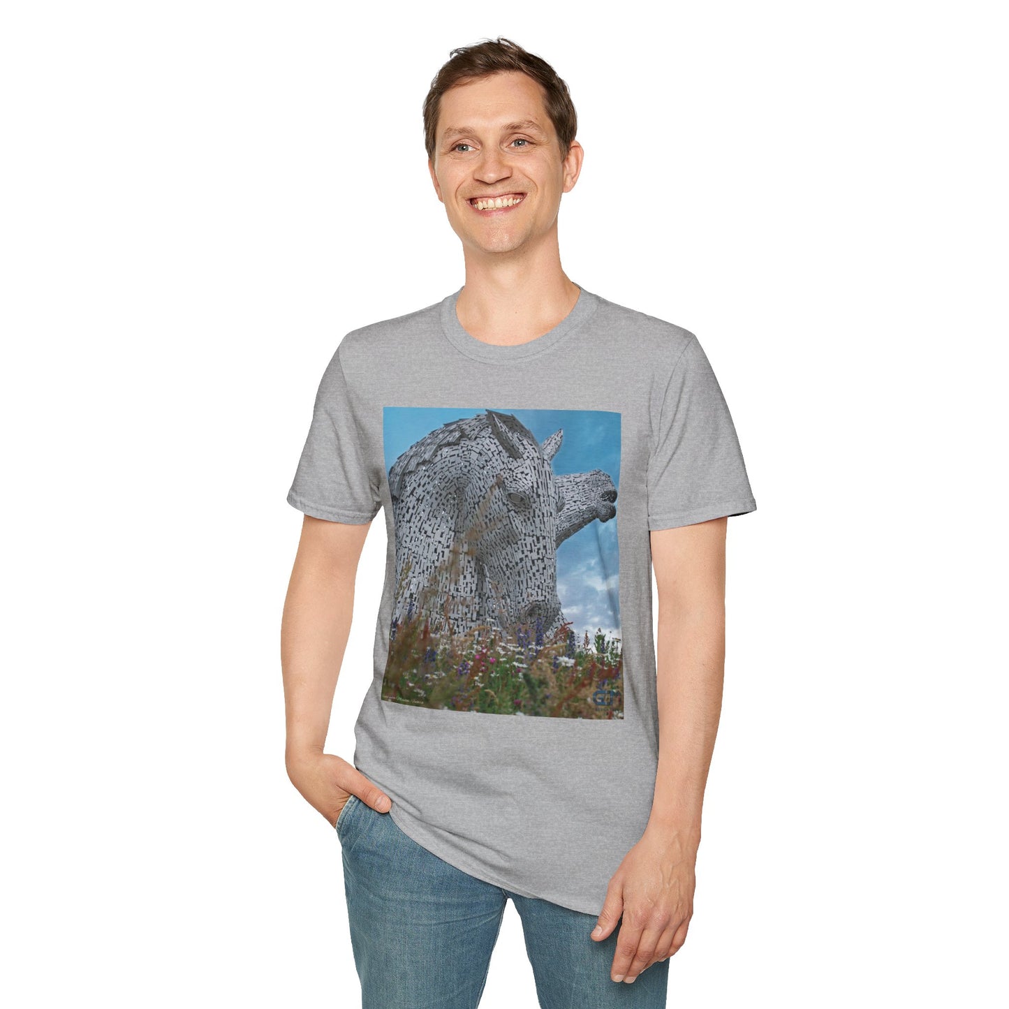 Scottish Kelpies with Meadow Photo Softstyle Unisex T-Shirt, Scotland Tee