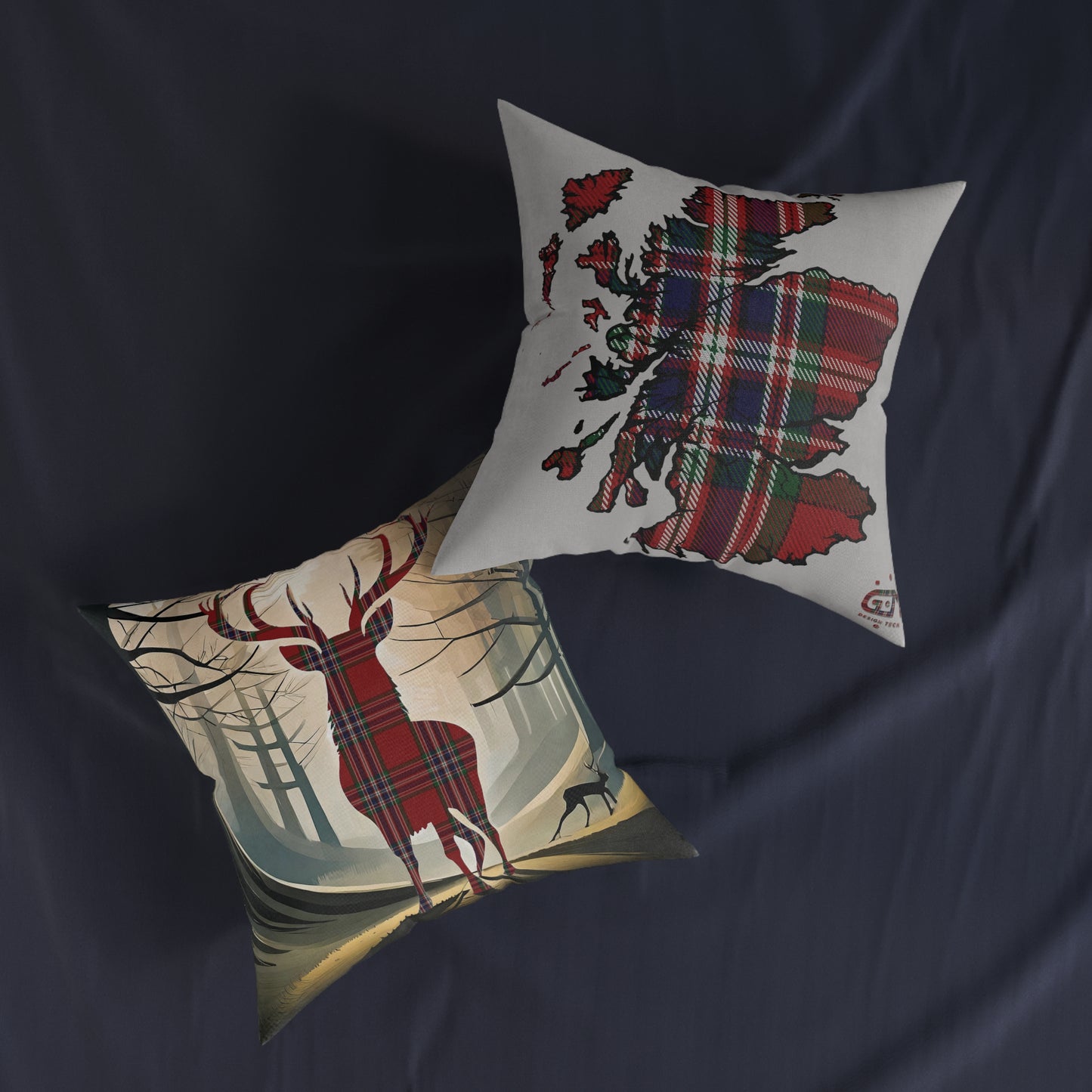 Reversible Square Cushion : Stag / Scotland Map - MacFarlane Tartan, Various Sizes