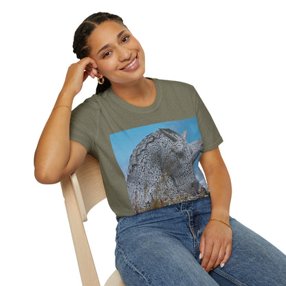 Kelpies with Meadow Photo Softstyle T-Shirt, Unisex Tee, Scottish Landmarks, Various Colours