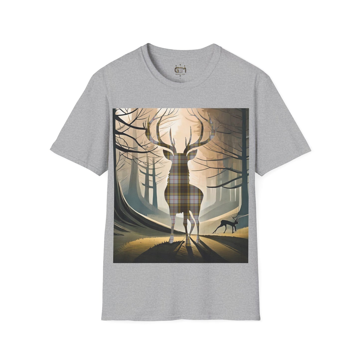 Stag Tartan Silhouette Softstyle T-Shirt - Buchanan Tartan, Unisex Tee, Scottish Scenery, Various Colours