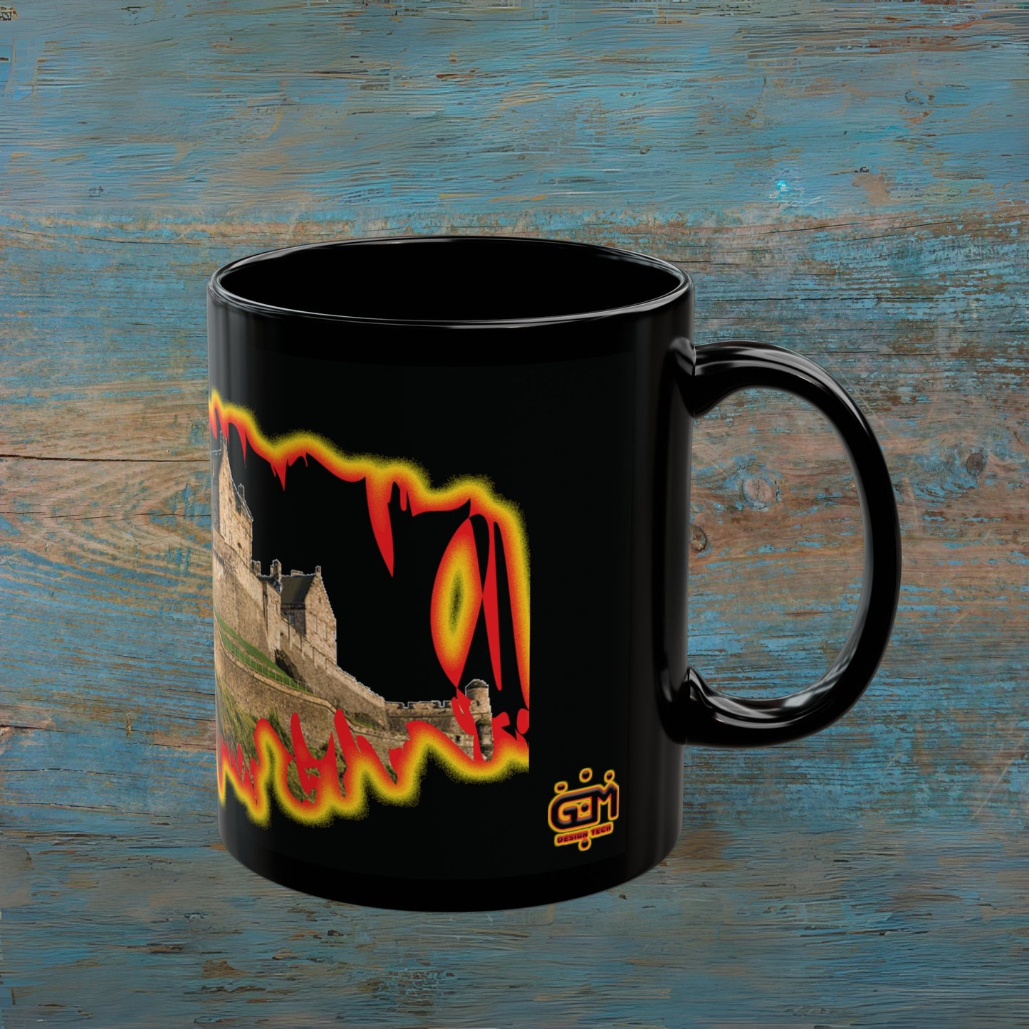 Edinburgh Castle Fire Effect Photo Mug, Black