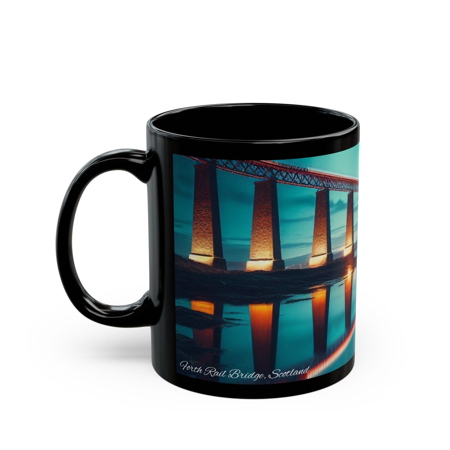 Forth Rail Bridge Northern Lights Mug, Tasse à café, Tasse à thé, Art écossais, Monuments écossais, Nature écossaise, Noir