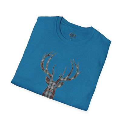 Tartan Stag Softstyle T-Shirt - Stewart Dress Tartan, Unisex Tee, Scottish Scenery, Various Colours