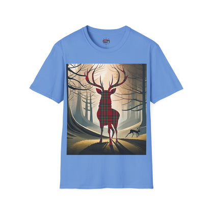 Stag Tartan Silhouette Softstyle T-Shirt - Stewart Royal Tartan, Unisex Tee, Scottish Scenery, Various Colours