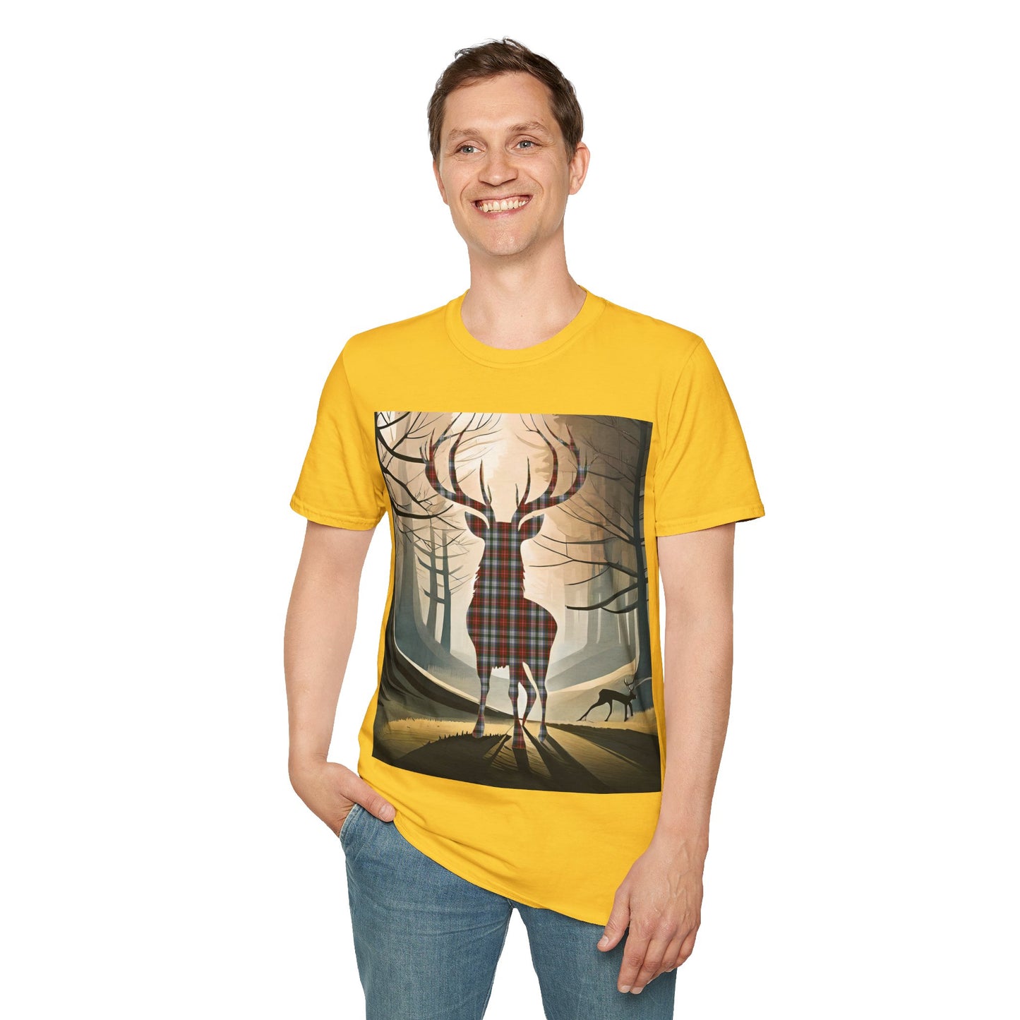 Stag Tartan Silhouette Softstyle T-Shirt - Stewart Tartan, Unisex Tee, Scottish Scenery, Various Colours