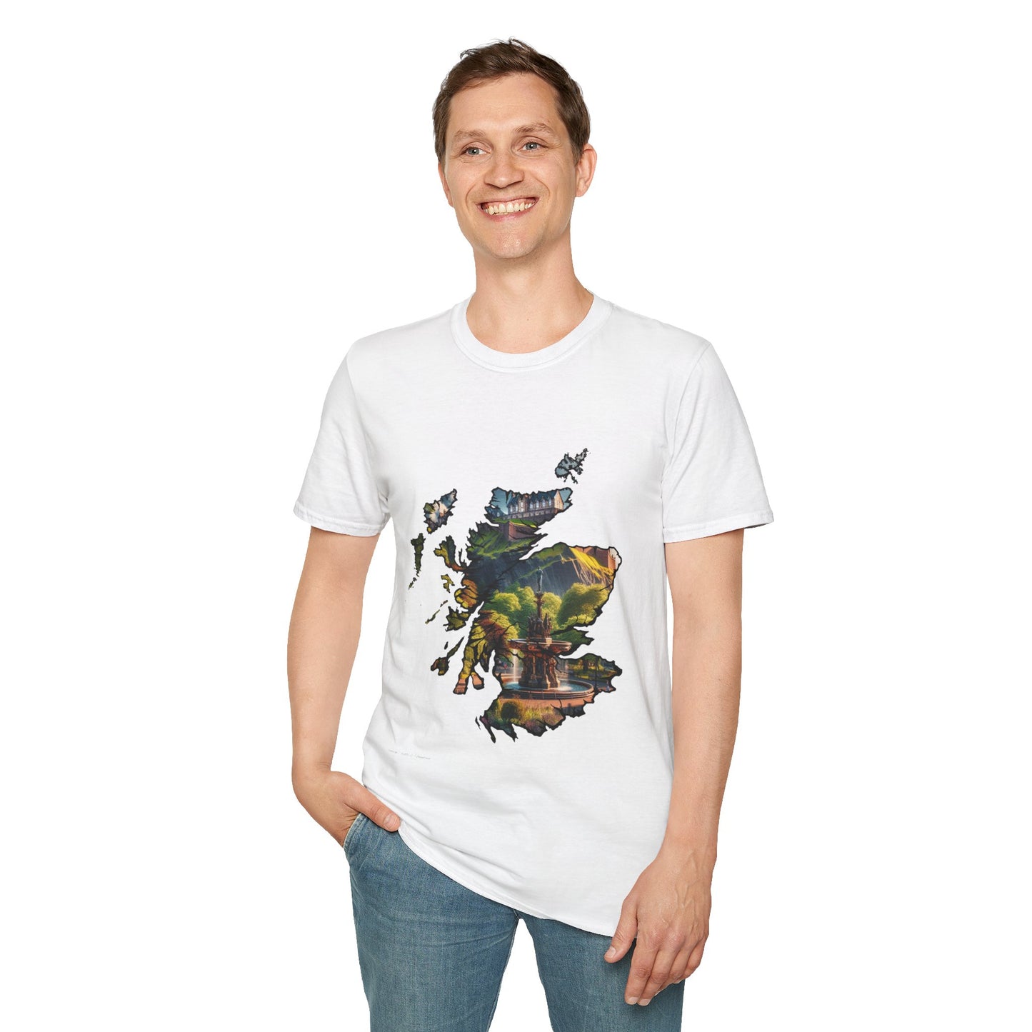 Edinburgh Castle with Fountain Scotland Map Softstyle Unisex T-Shirt, Scotland Shirt, Scottish Landmark Tee