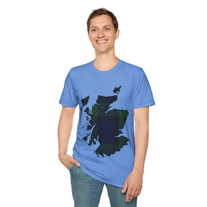 Scotland Tartan Map Softstyle Unisex T-Shirt, Black Watch Tartan, Various Colours