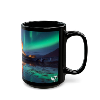 Eilean Donan Castle Northern Lights Mug, Coffee Cup, Tea Cup, Scottish Art, Scottish Landmarks, Scottish Nature, Black