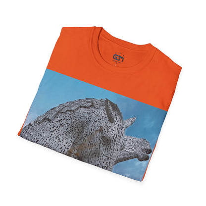 Kelpies with Meadow Photo Softstyle T-Shirt, Unisex Tee, Scottish Landmarks, Various Colours