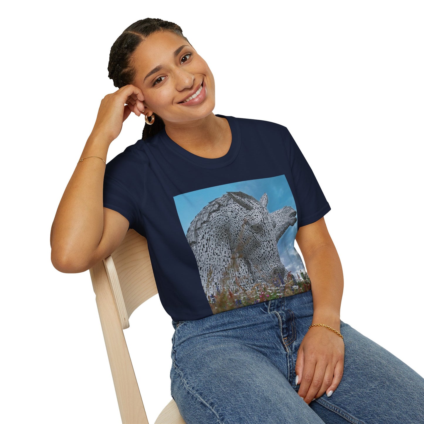 Kelpies with Meadow Photo Softstyle Unisex T-Shirt, Scottish Tee