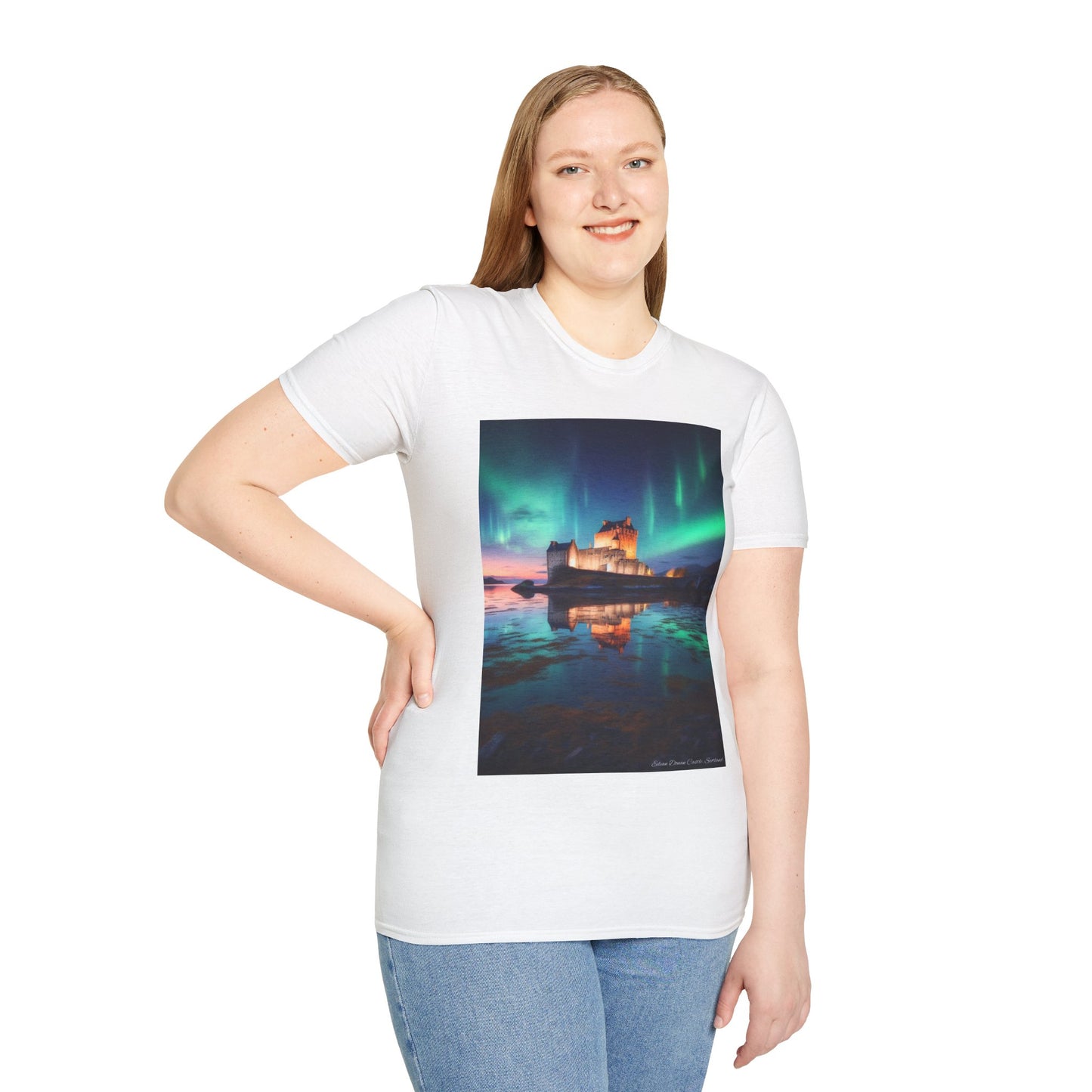 Eilean Donan Castle with Northern Lights Softstyle Unisex T-Shirt, Scotland Tee