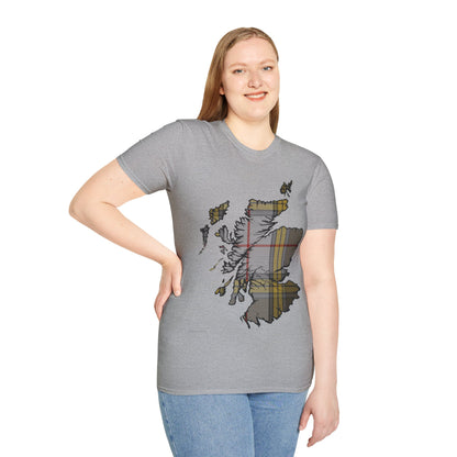 Scotland Tartan Map Softstyle Unisex T-Shirt, Buchanan Dress Tartan, Various Colours