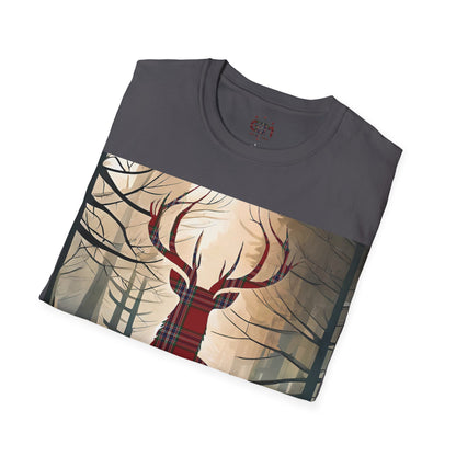 Stag Tartan Silhouette Softstyle T-Shirt - MacFarlane Tartan, Unisex Tee, Scottish Scenery, Various Colours