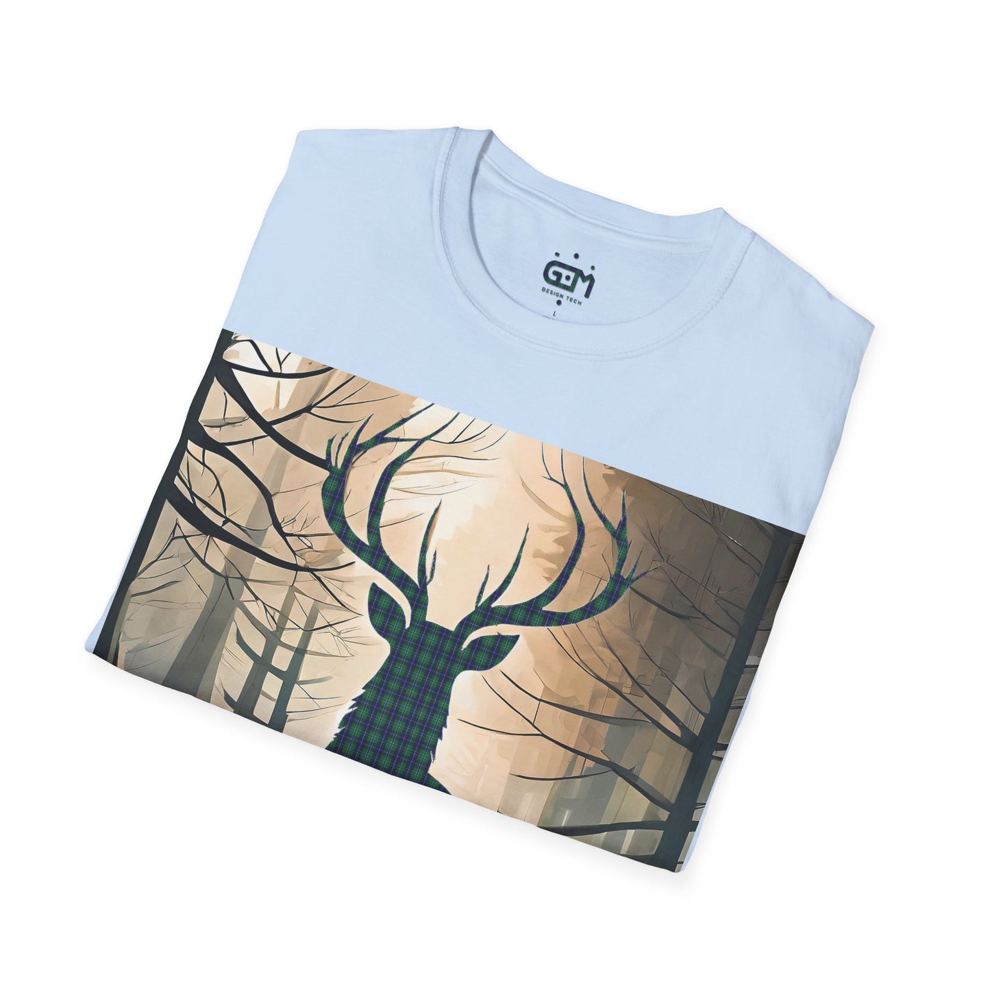 Stag Tartan Silhouette Softstyle T-Shirt - Douglas Tartan, Unisex Tee, Scottish Scenery, Various Colours