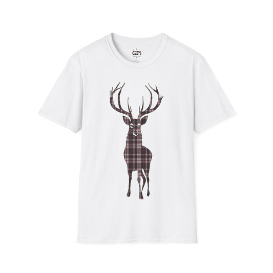 Tartan Stag Softstyle T-Shirt - MacPherson Tartan, Unisex Tee, Scottish Scenery, Various Colours