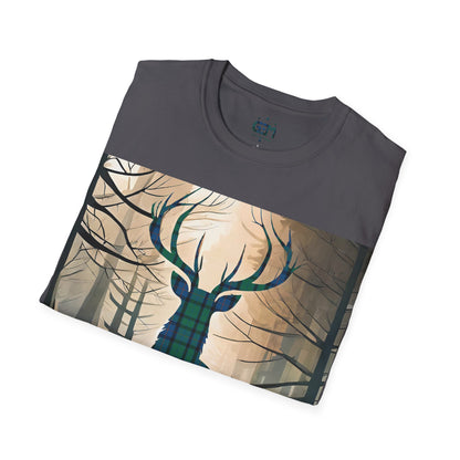 Stag Tartan Silhouette Softstyle T-Shirt - Flower of Scotland Tartan, Unisex Tee, Scottish Scenery, Various Colours