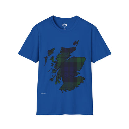 Scotland Tartan Map Softstyle Unisex T-Shirt, Black Watch Tartan, Various Colours