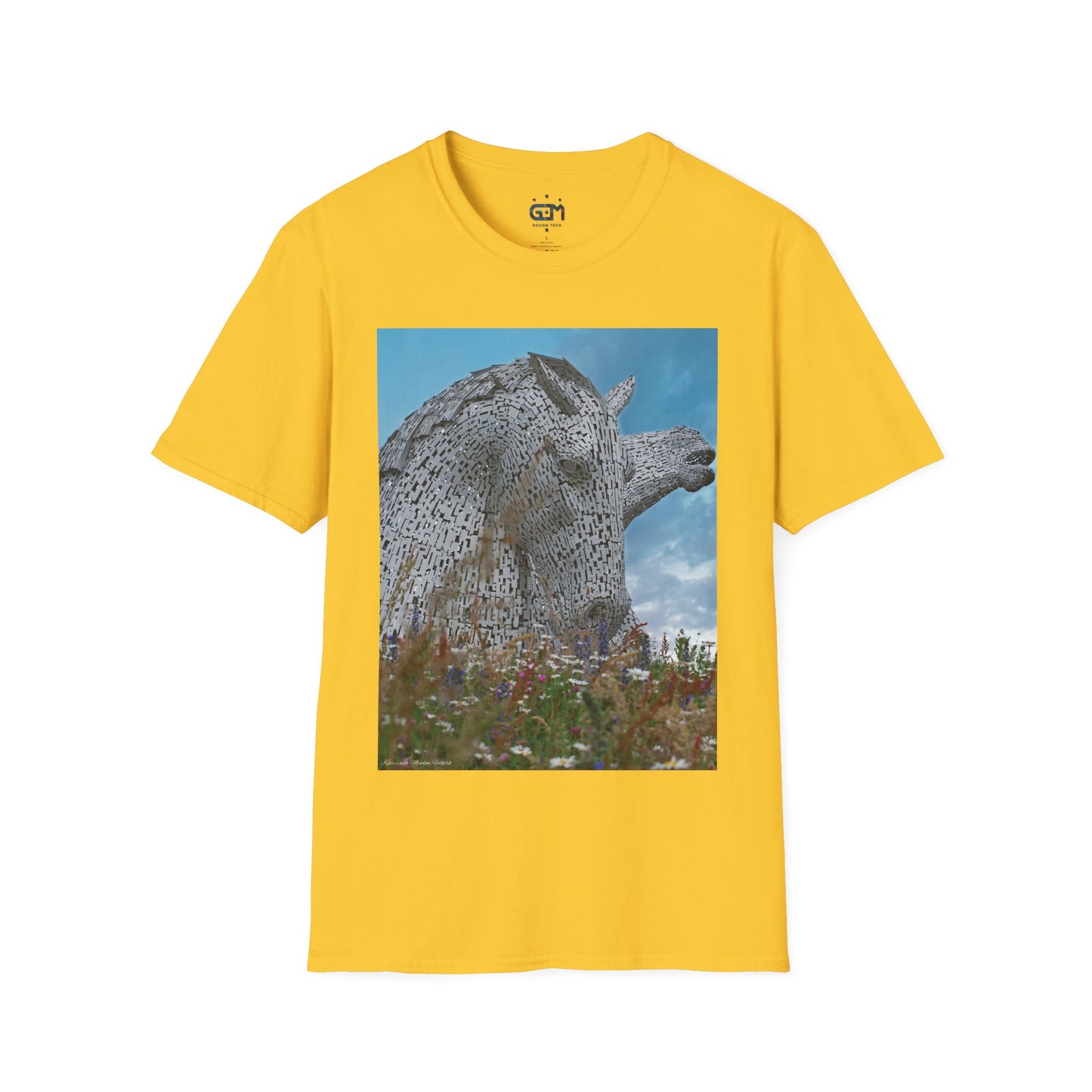 Kelpies with Meadow Photo Softstyle Unisex T-Shirt, Scottish Tee