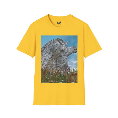 Kelpies with Meadow Photo Softstyle Unisex T-Shirt, Scottish Tee