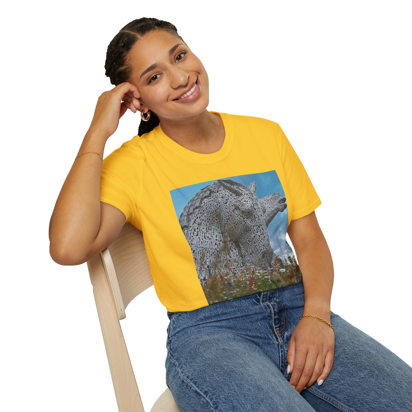 Scottish Kelpies with Meadow Photo Softstyle Unisex T-Shirt, Scotland Tee