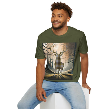 Stag Tartan Silhouette Softstyle T-Shirt - Buchanan Tartan, Unisex Tee, Scottish Scenery, Various Colours