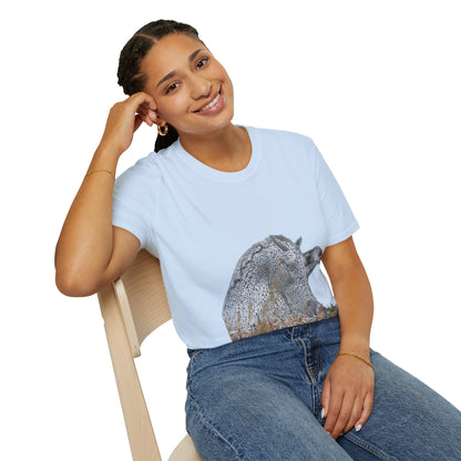 Kelpies with Meadow No Sky Photo Softstyle Unisex T-Shirt, Scottish Tee