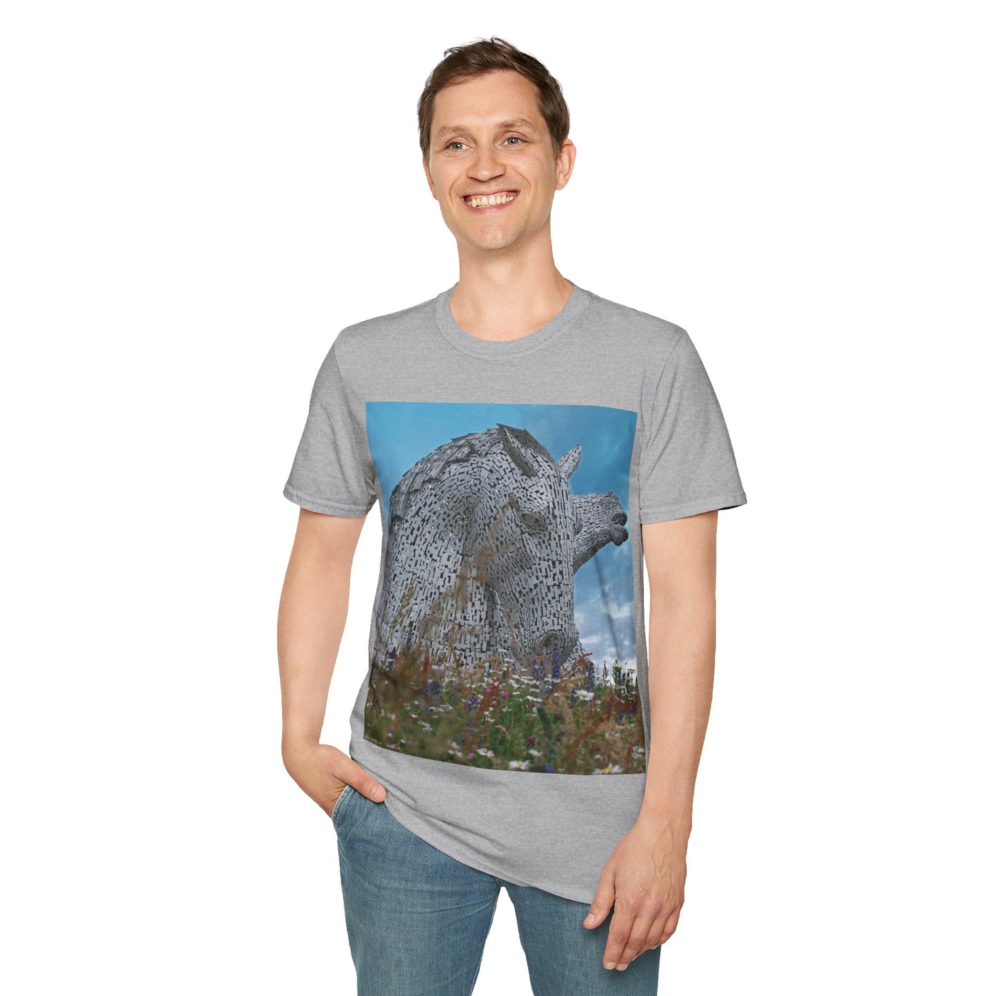 Kelpies with Meadow Photo Softstyle T-Shirt, Unisex Tee, Scottish Landmarks, Various Colours