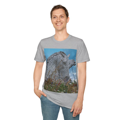 Kelpies with Meadow Photo Softstyle T-Shirt, Unisex Tee, Scottish Landmarks, Various Colours