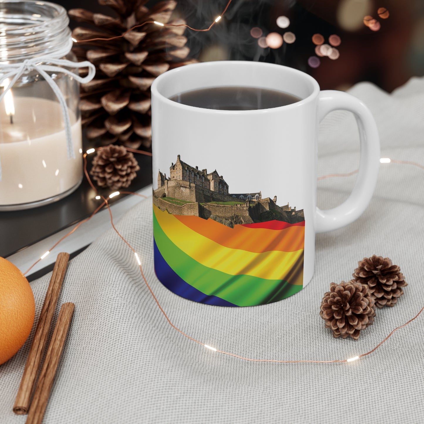 Pride Flag Rock Edinburgh Castle Photo Mug, White