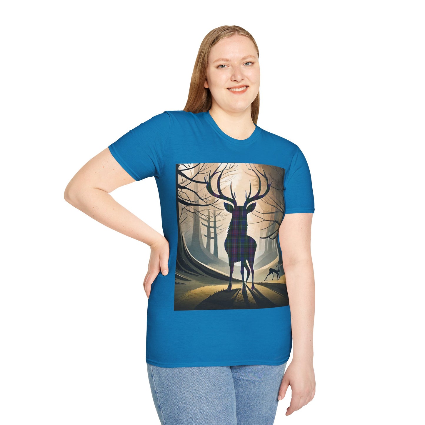 Stag Tartan Silhouette Softstyle T-Shirt - Rankin Tartan, Unisex Tee, Scottish Scenery, Various Colours