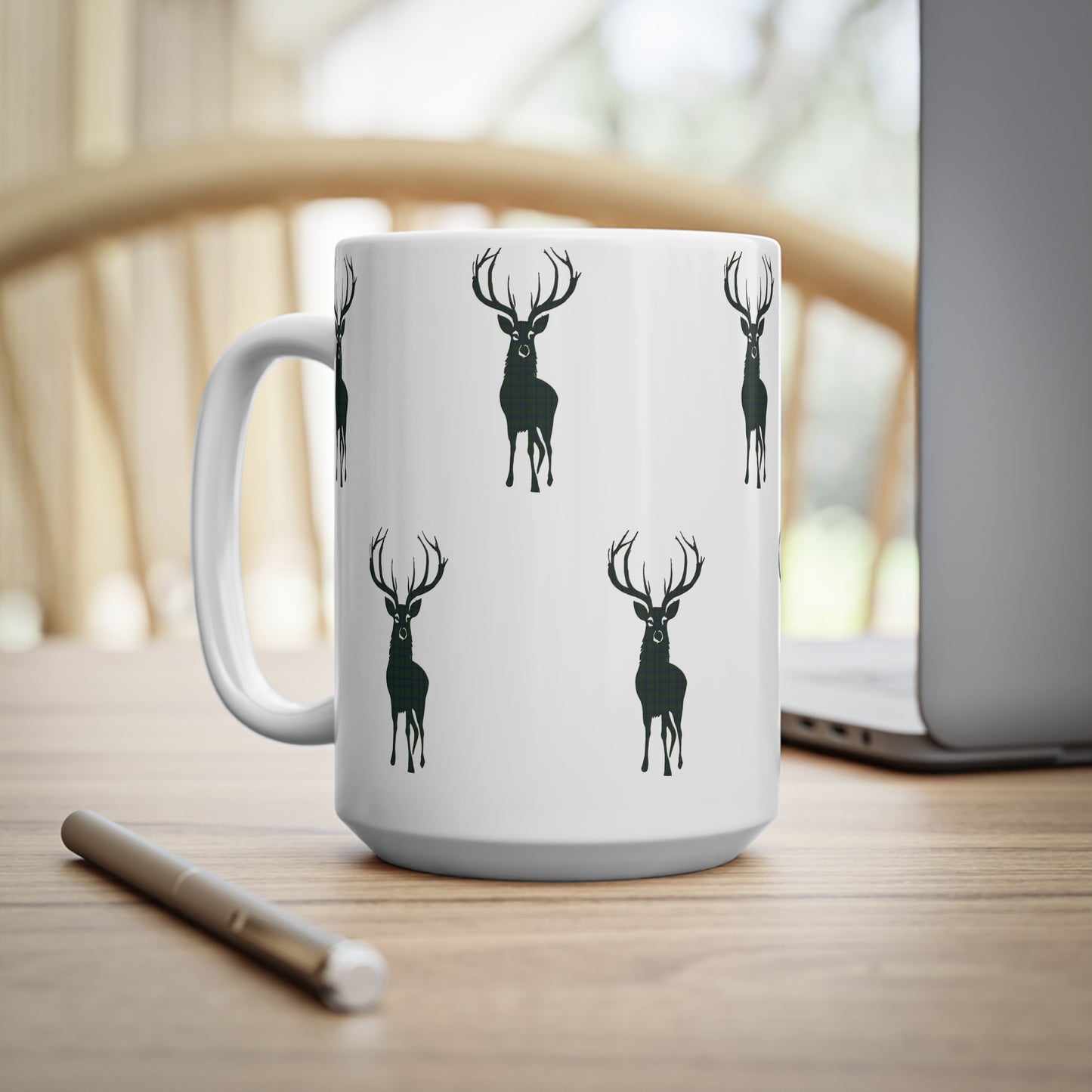 Tartan Stag Mug - Kennedy Tartan, Coffee Cup, Tea Cup, Scotland, White