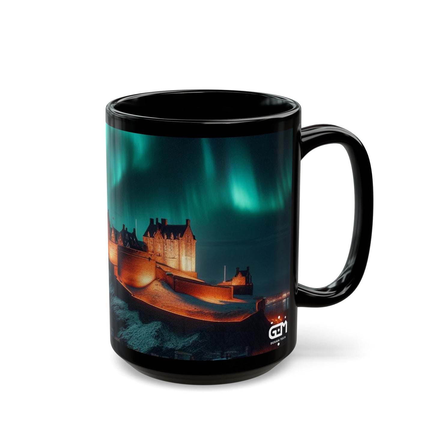 Edinburgh Castle Northern Lights Mug, Coffee Cup, Tea Cup, Scottish Art, Scottish Landmarks, Scottish Nature, Black