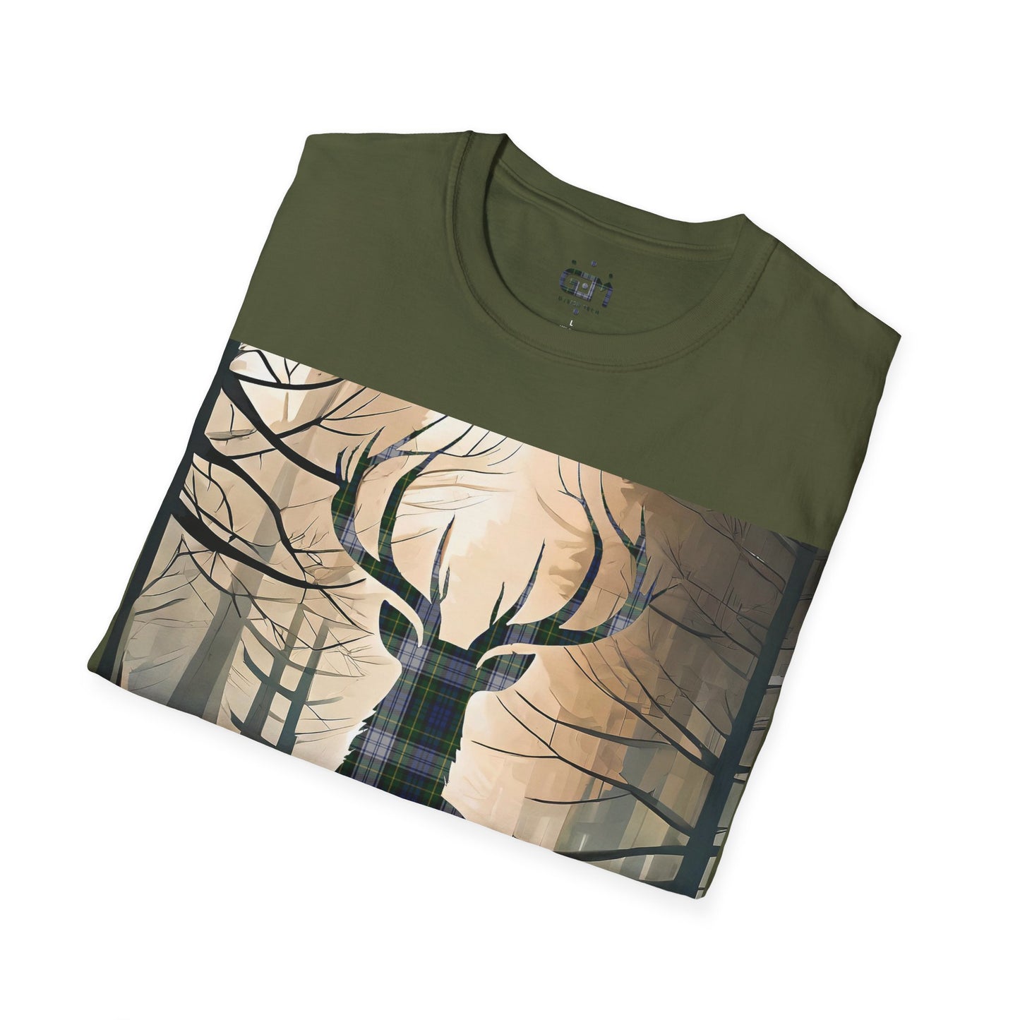 Stag Tartan Silhouette Softstyle T-Shirt - Gordon Dress Tartan, Unisex Tee, Scottish Scenery, Various Colours