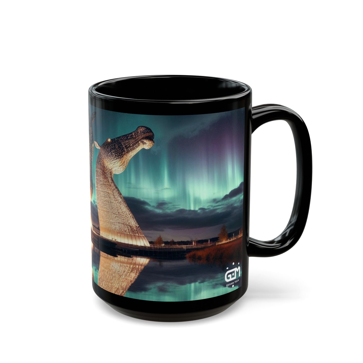 Kelpies Northern Lights Mug, Coffee Cup, Tea Cup, Scottish Art, Scottish Landmarks, Scottish Nature, Black