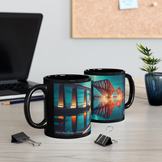 Forth Rail Bridge Northern Lights Mug, Coffee Cup, Tea Cup, Scottish Art, Scottish Landmarks, Scottish Nature, Black