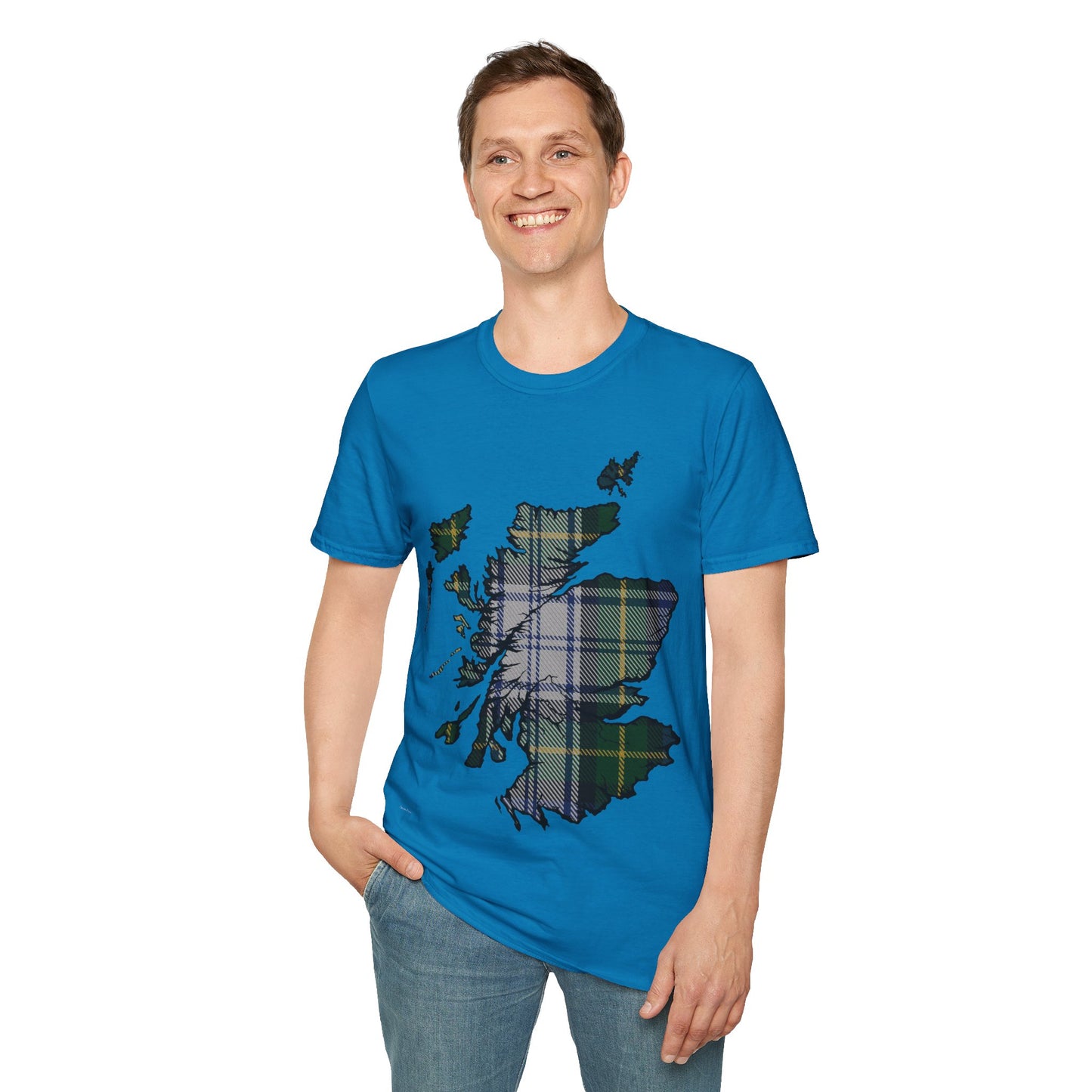 Scotland Tartan Map Softstyle Unisex T-Shirt, Gordon Dress Tartan, Various Colours